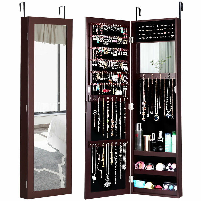 Full Length Mirror Jewelry Cabinet with Ring Slots and Necklace Hooks-Brown