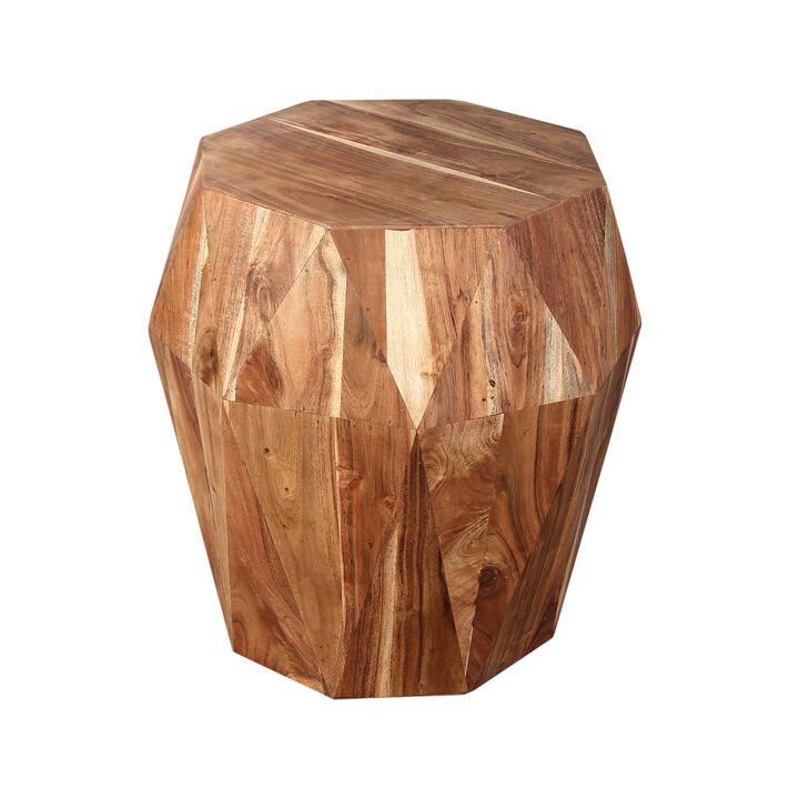 Bon 22 Inch Artisanal End Side Table, Multifaceted Solid Acacia Wood, Octagon Top, Natural Brown-Benzara