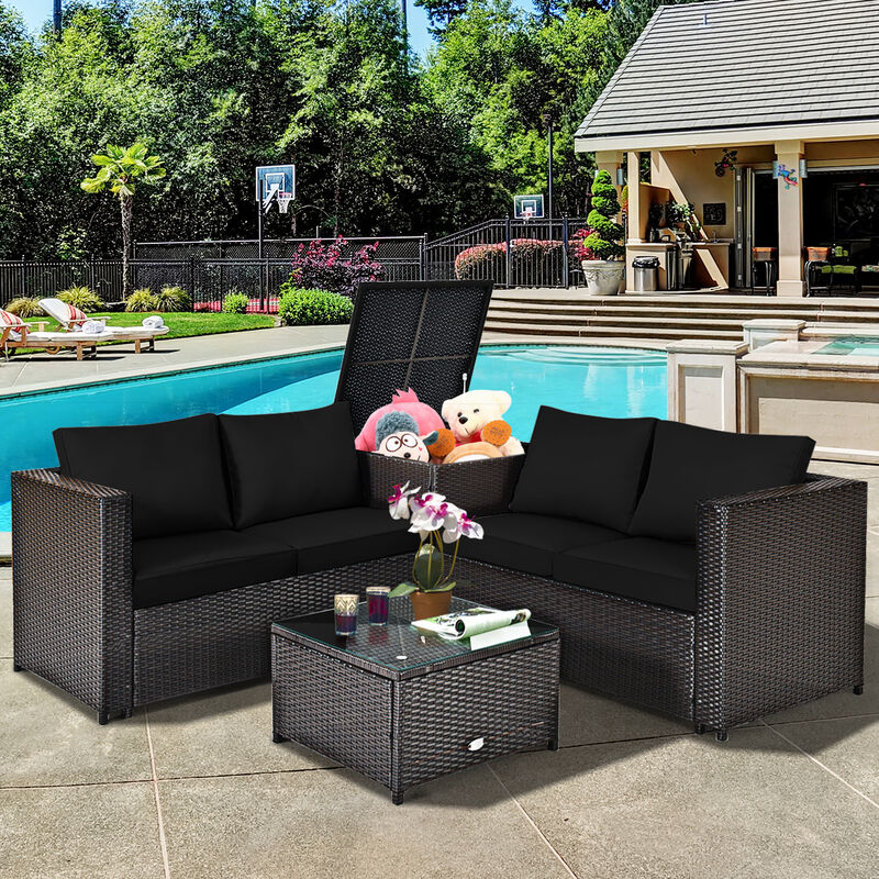4 Pieces Outdoor Patio Rattan Furniture Set with Cushioned Loveseat and Storage Box