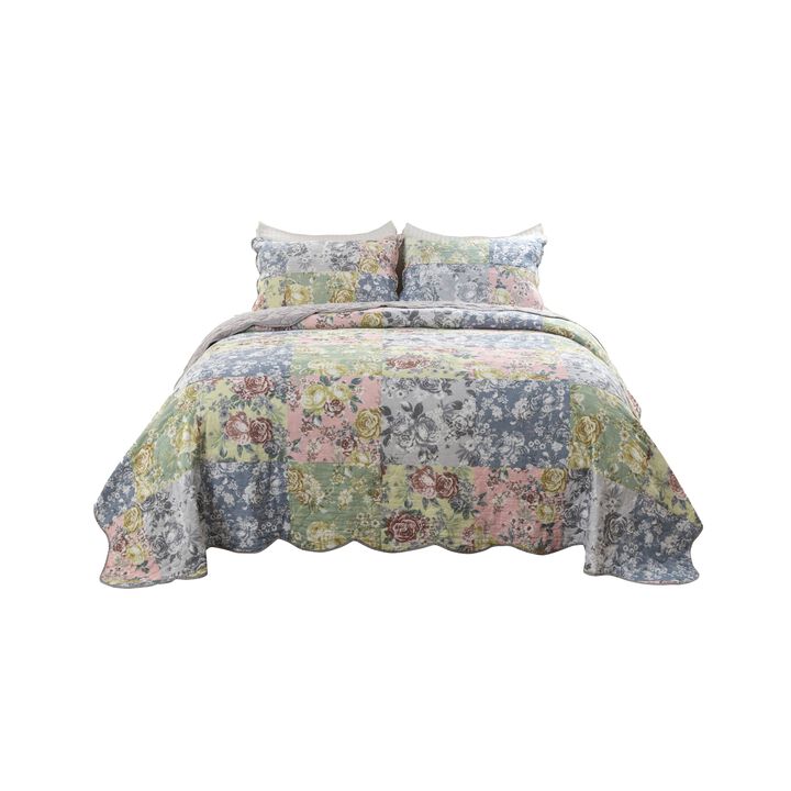 Eni 3 Piece California King Cotton Quilt Set, Pastel Blue Flower Design - Benzara