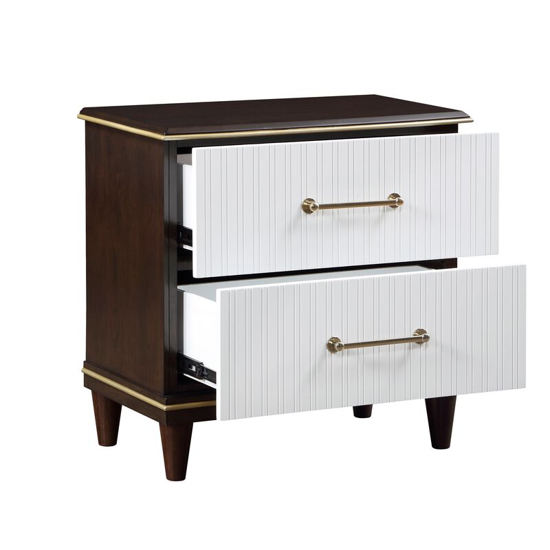 Shim 29 Inch Nightstand with 2 Drawers, Gold, White, and Cherry Brown Wood - Benzara