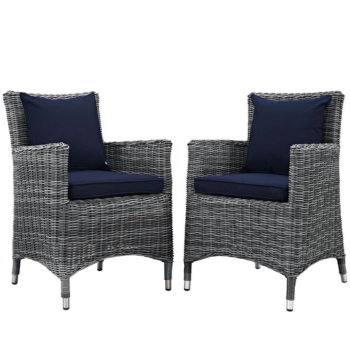 Modway Summon Wicker Rattan Aluminum Outdoor Patio Two Dining Arm Chairs with Sunbrella� Fabric Cushions in Canvas Navy