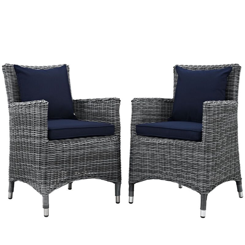 Modway Summon Wicker Rattan Aluminum Outdoor Patio Two Dining Arm Chairs with Sunbrella� Fabric Cushions in Canvas Navy