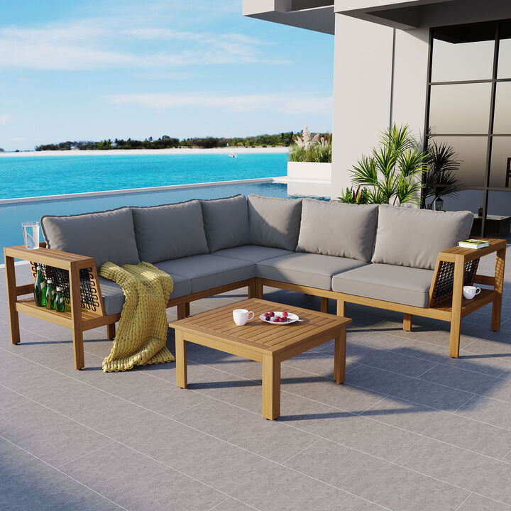 Whisen 4-Piece Acacia Wood Outdoor L-Shaped Sofa Set with Woven Mesh Armrests and Coffee Table
