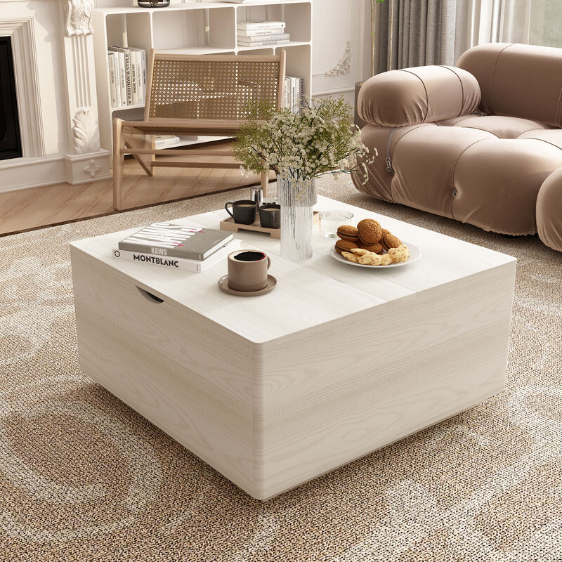 FUFU&GAGA Modern White Wood Grain Round Coffee Table with Lift-up Top and Arc-Shaped Sides (35.4" W x 35.4" D x 18.5" H), White