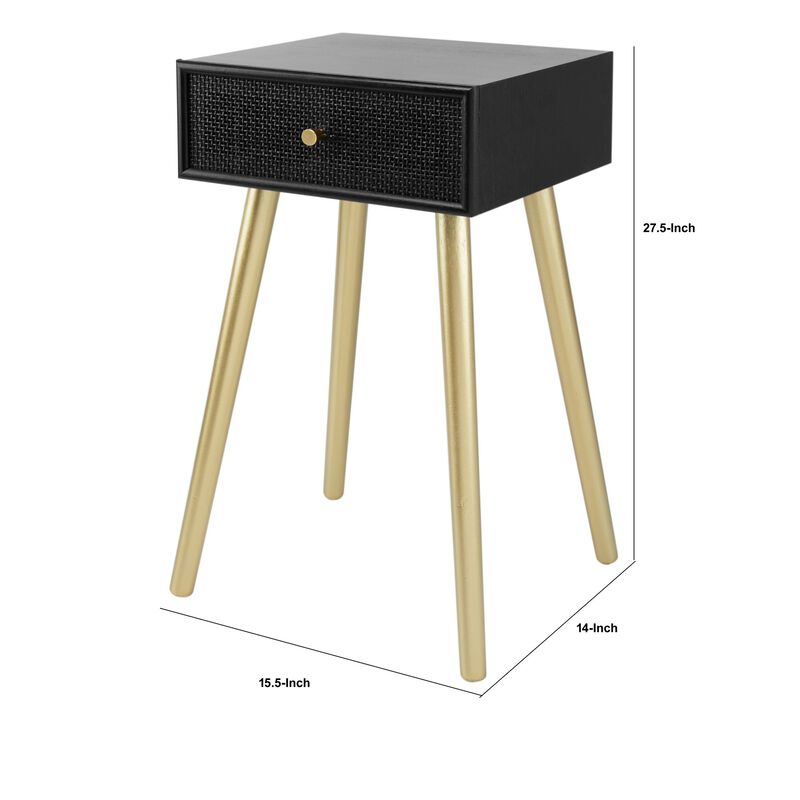 Gaia 28 Inch Pine Wood Side End Table, Gliding Rattan Drawer, Black, Gold-Benzara