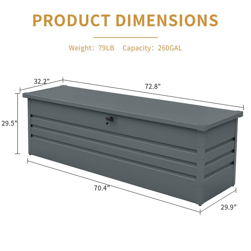 Mondawe 260 Gallon Weather-Resistant Metal Deck Box,Versatile Extra-Long Tabletop Storage Box