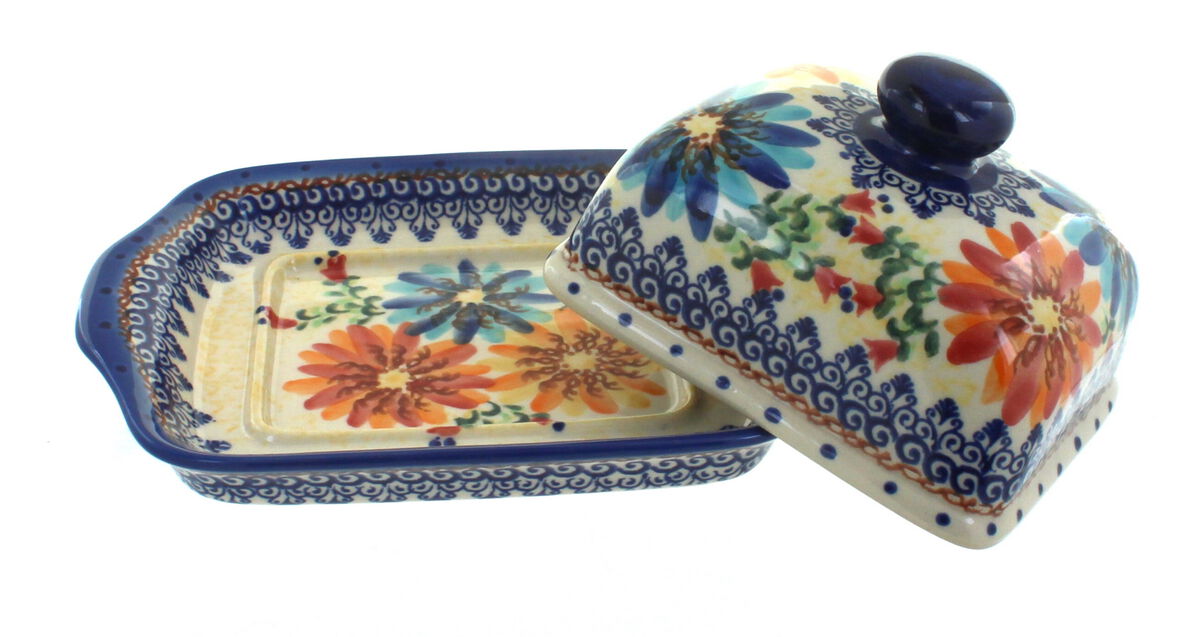 Blue Rose Polish Pottery Garden of Eden Square Butter Dish