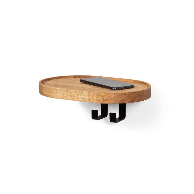 Wall-Mounted Modern Oak Hardwood Coat Rack with a Shelf and Two Metal Hooks