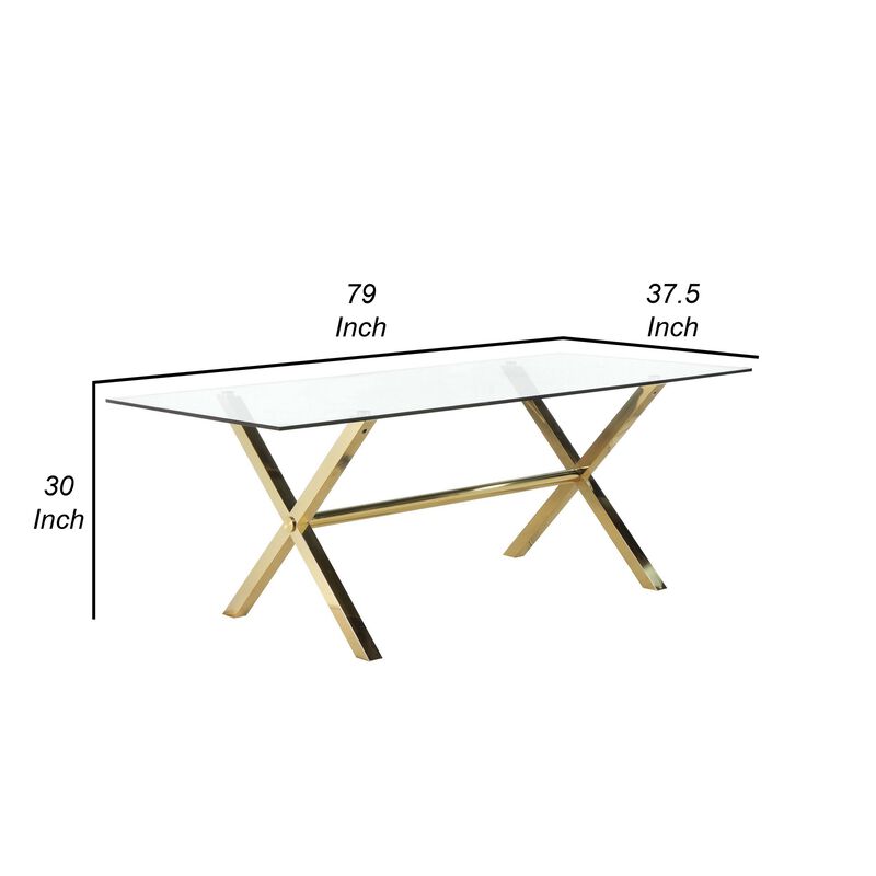 Tia 79 Inch Dining Table, Rectangular Tempered Glass Top, Gold, Clear - Benzara