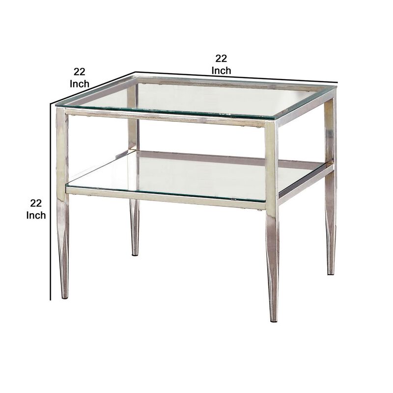 Metal Square End Table, Glass Top, Open Shelf, Chrome-Benzara