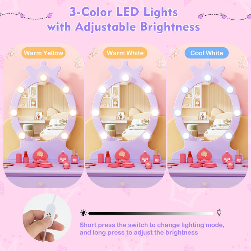 Kids Vanity Set with Lighted Mirror with Adjustable Brightness and Large Drawer