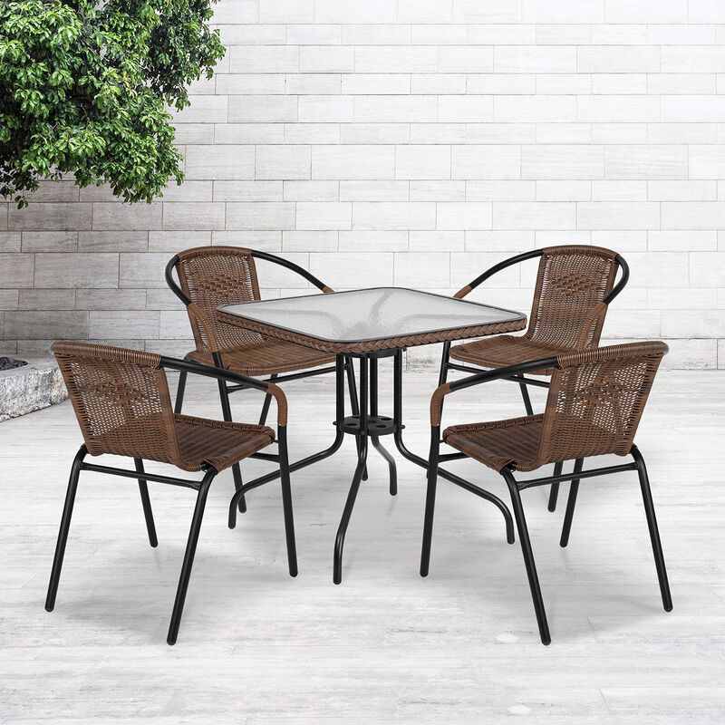 Flash Furniture Lila 28'' Square Glass Metal Table with Dark Brown Rattan Edging and 4 Dark Brown Rattan Stack Chairs