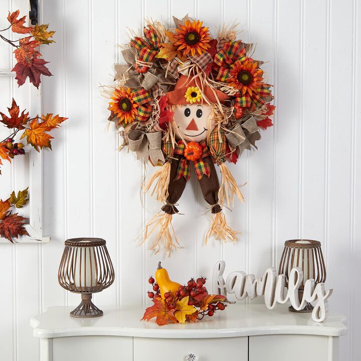 Hivvago 30" Scarecrow Fall Artificial Autumn Wreath with Sunflower, Pumpkin and Decorative Bows