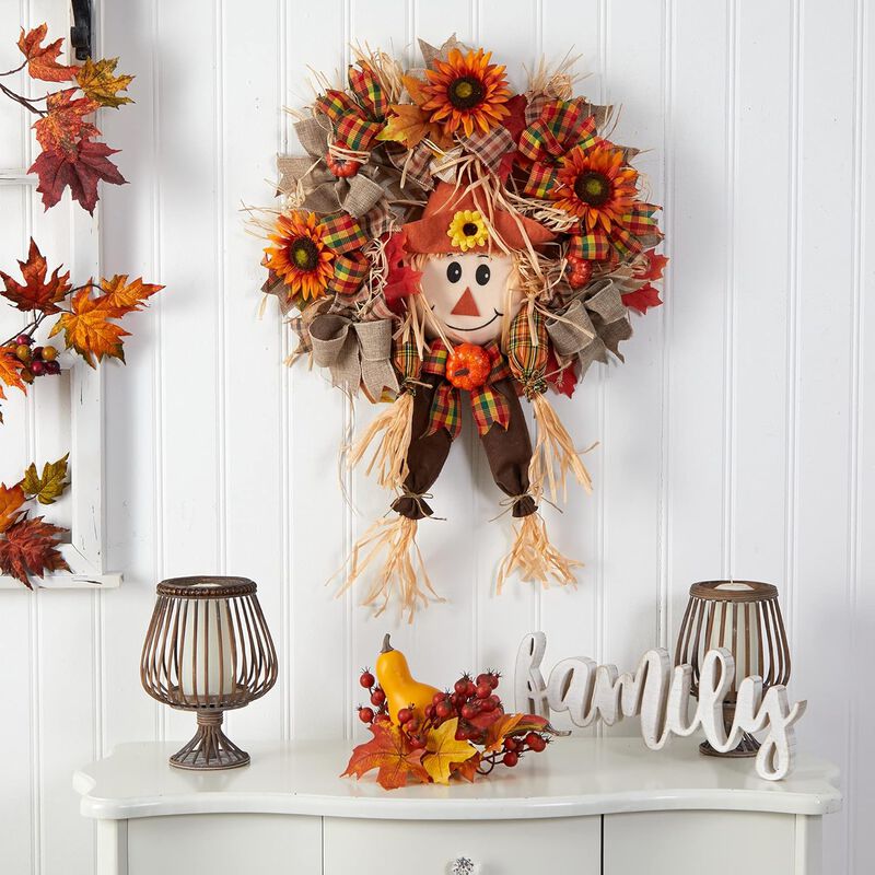Hivvago 30" Scarecrow Fall Artificial Autumn Wreath with Sunflower, Pumpkin and Decorative Bows