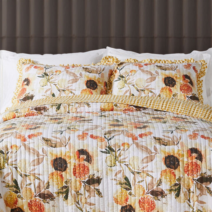 Kelsa Set of 2 Standard and King Floral Pillow Sham Set, Polyester, Gold-Benzara