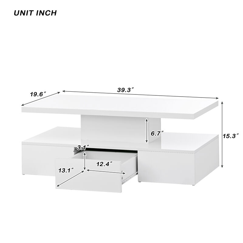 Modern Glossy Coffee Table with Drawer, 2-Tier Rectangle Center Table