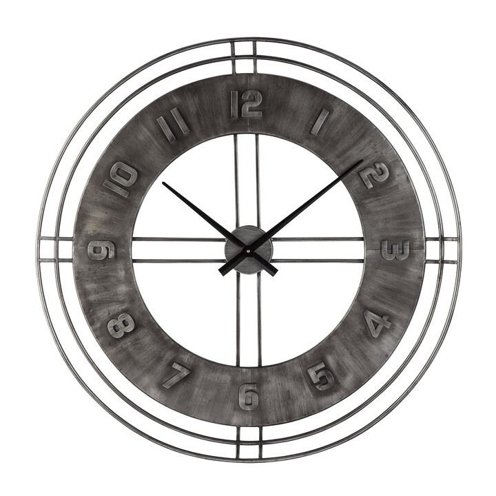 Industrial Round Metal Wall Clock with Roman Numerals, Gray-Benzara