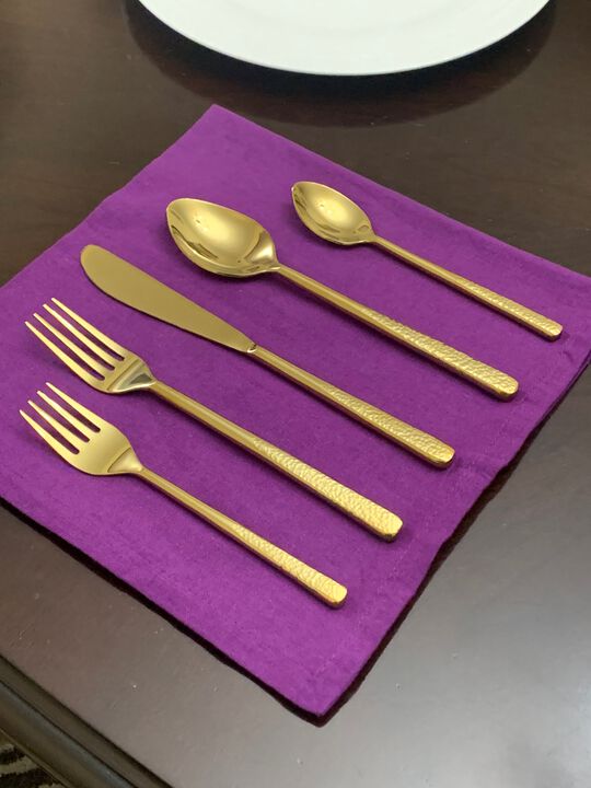 20 Piece Gold Flatware Set, Service for 4-Hammered