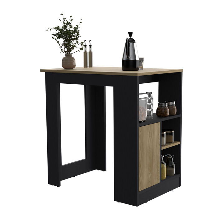 DEPOT E-SHOP Masset Kitchen Island 36" H with Side Shelves and Push-to-Open Cabinet, Black / Natural Oak