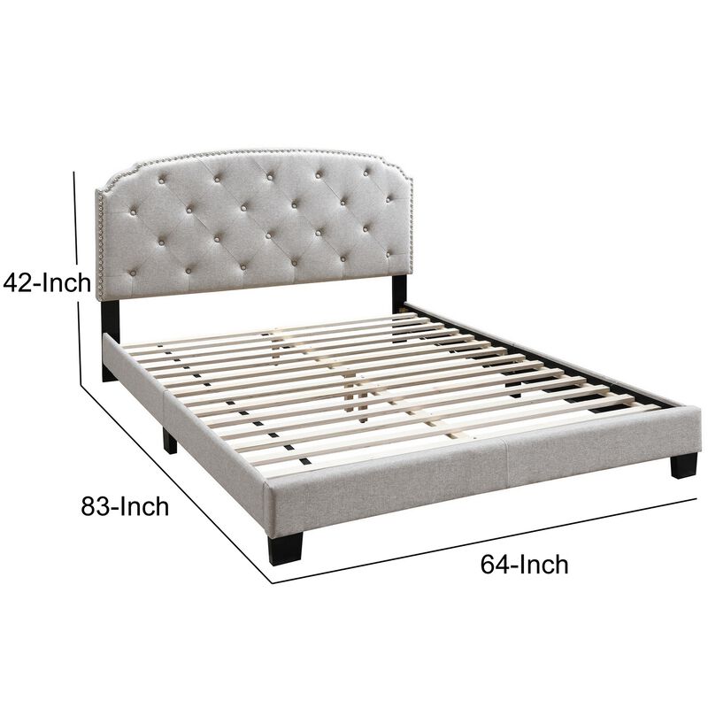 Queen Bed with Button Tufted Scalloped Headboard, Light Brown-Benzara