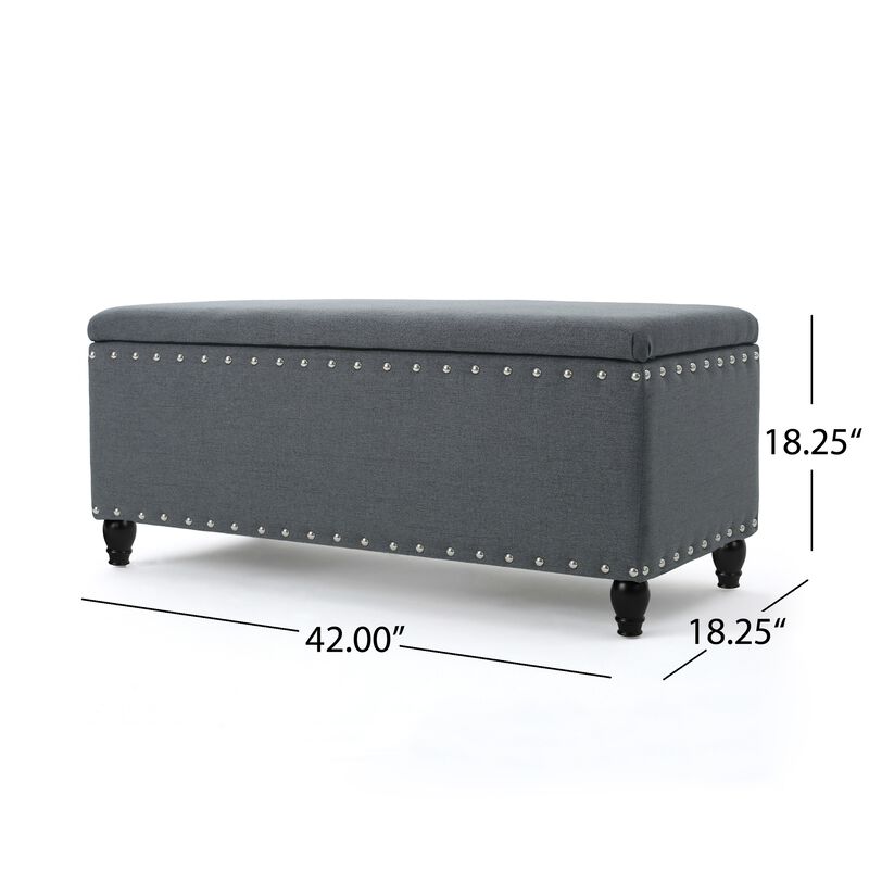 Sharon Storage Ottoman Bench, Dark Gray Fabric, Nailhead Trim, 42 Inch -Benzara