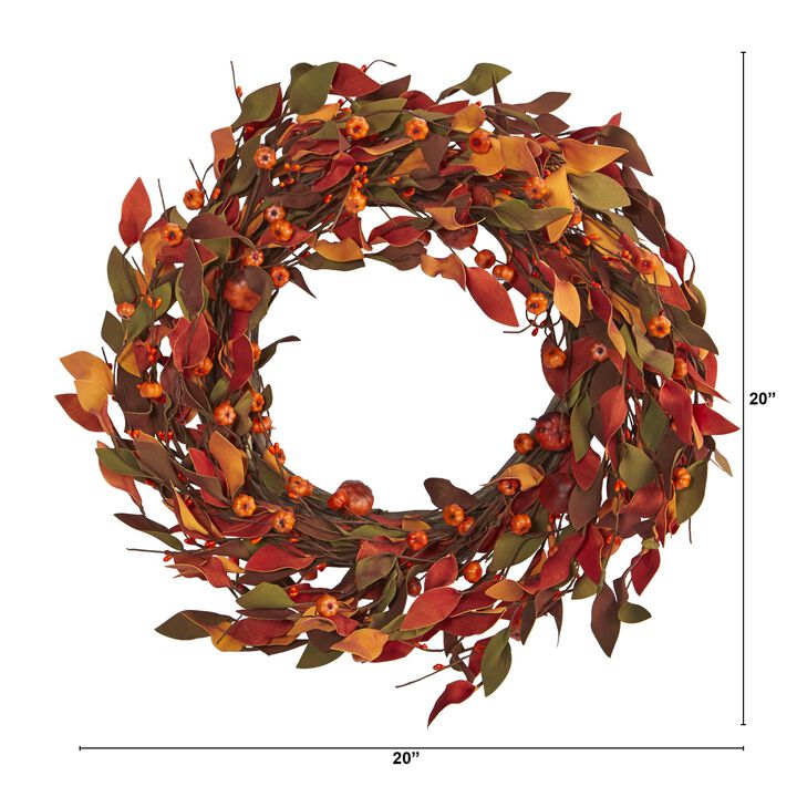 Hivvago 20" Harvest Leaf and Mini Pumpkin Artificial Wreath