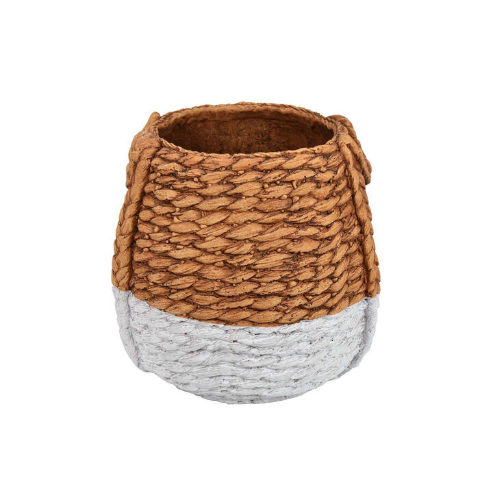 Reno 12 Inch Planter, Rope Woven Design, White and Brown Finished Resin - Benzara
