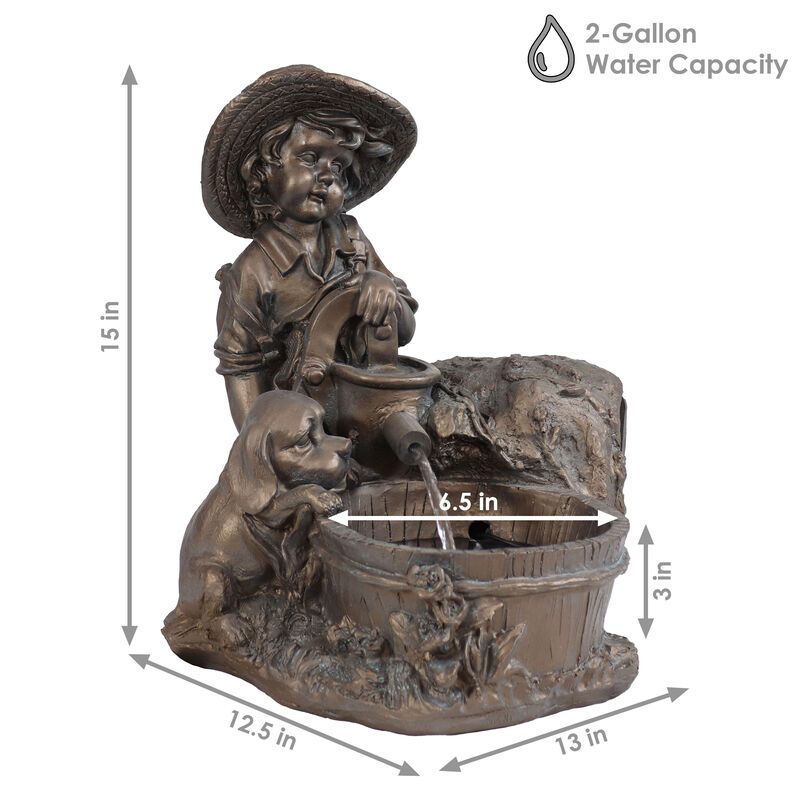 Sunnydaze Boy with Dog Solar Water Fountain with Battery/LED Lights - 15 in