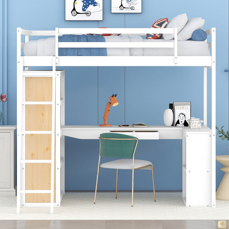 Twin Size Loft Bed With Ladder, Shelves, And Desk, White