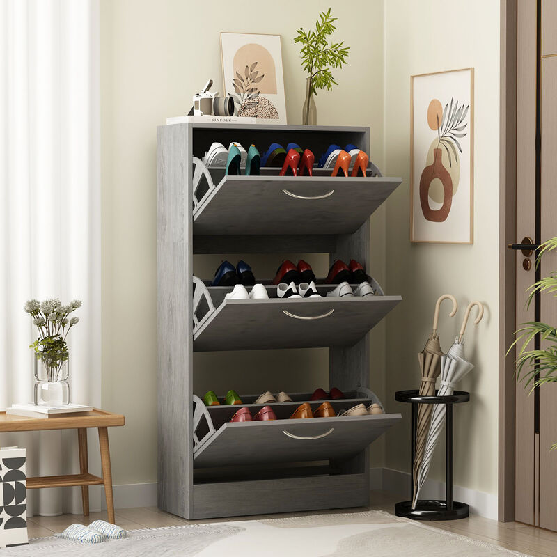 22.4 in. W x 42.1 in. H 24-Pair Gray Wood 3-Drawer Shoe Storage Cabinet with Foldable Compartments