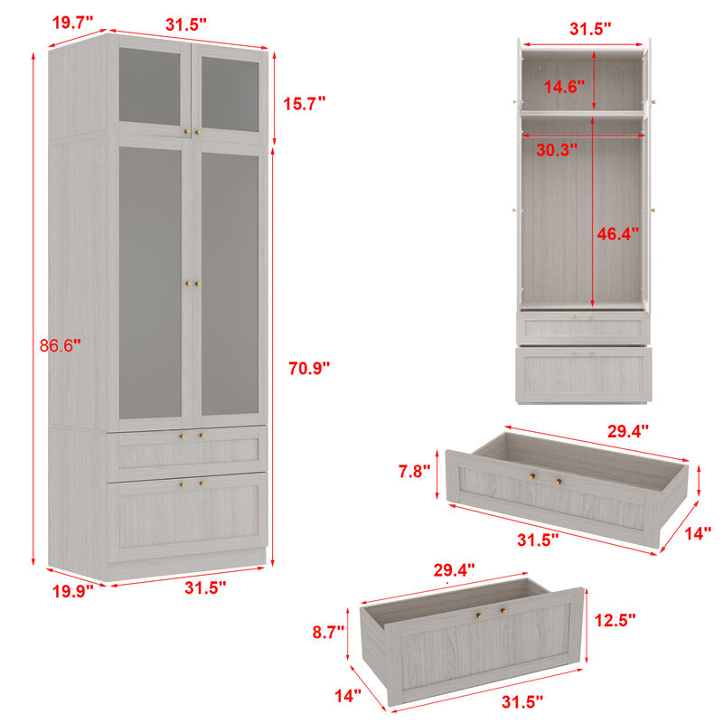 FUFU&GAGA Wardrobe Closet with Hanging Rod, Shelves, and Drawers for Bedroom (31.5" W x 19.7" D x 86.6" H) Brown
