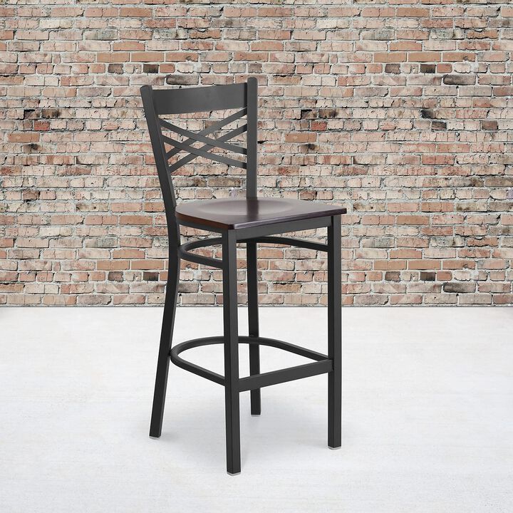 Flash Furniture HERCULES Series Black ''X'' Back Metal Restaurant Barstool - Walnut Wood Seat