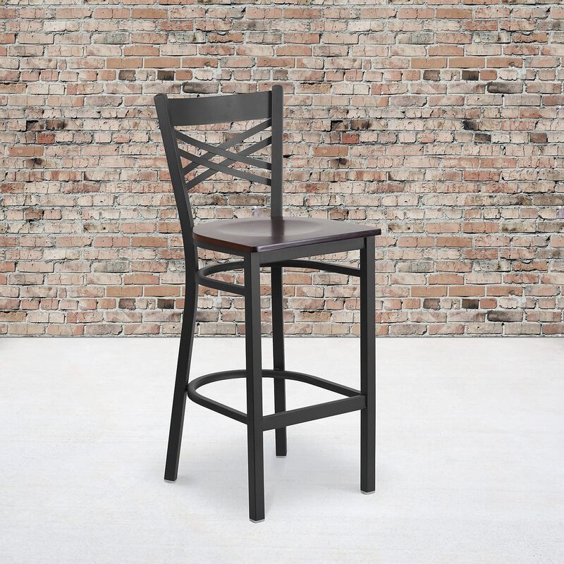 Flash Furniture HERCULES Series Black ''X'' Back Metal Restaurant Barstool - Walnut Wood Seat