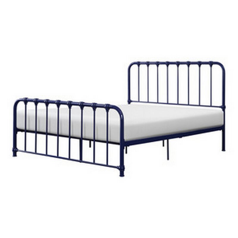 Ethan Queen Size Bed, Classic Open Slatted Metal Frame Design, Blue - Benzara