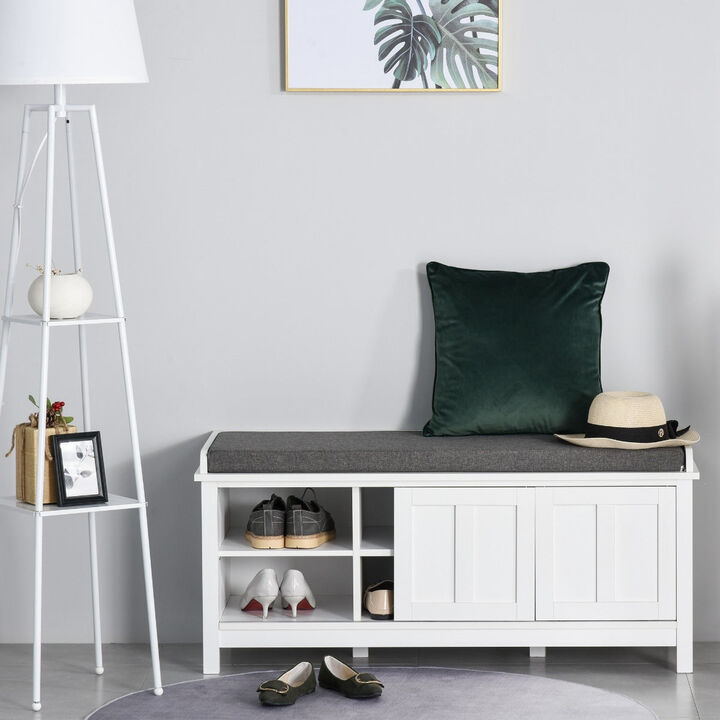 White Entryway Storage: Shoe Bench with Sliding Barn Door and Cushion