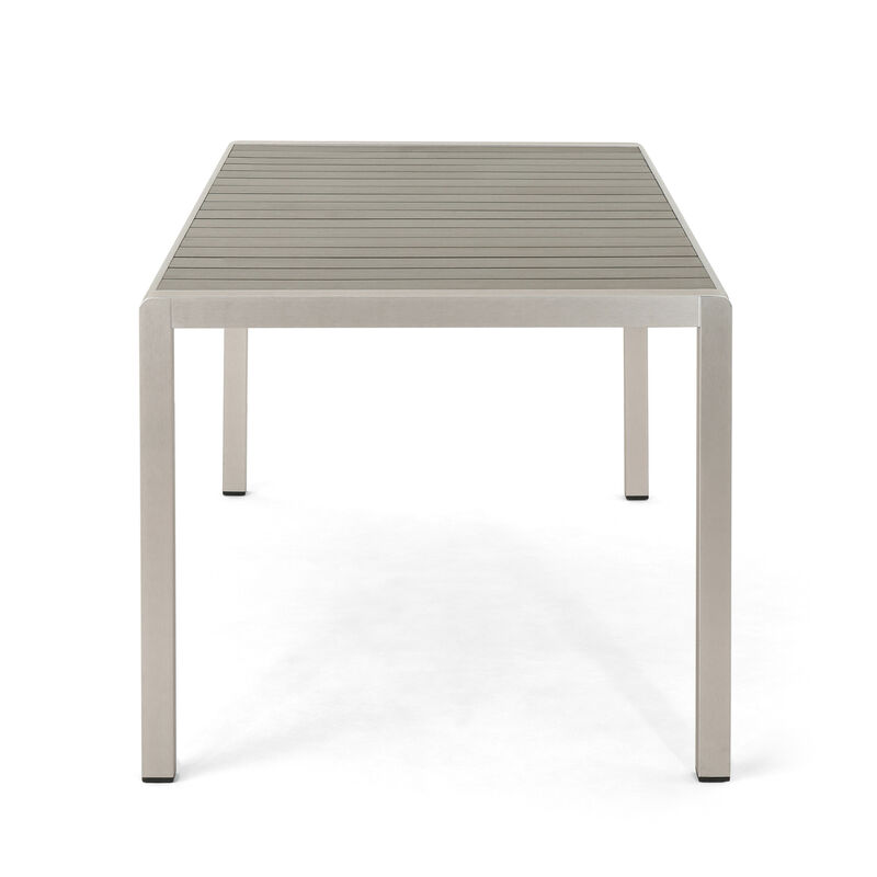 Eoin Outdoor Dining Table, Rectangular 71 Inch Gray Faux Wood, Metal Frame - Benzara