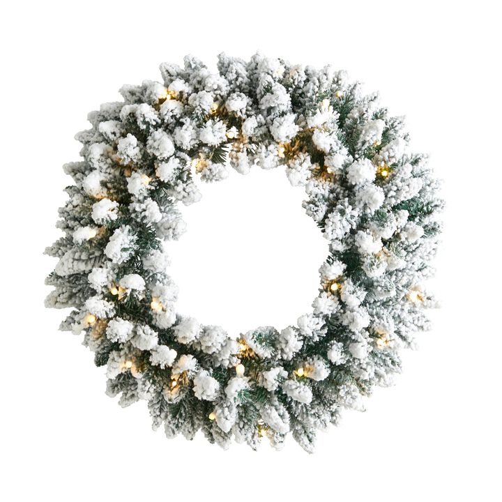 Hivvago 24" Flocked Artificial Christmas Wreath with 160 Bendable Branches and 35 Warm White LED Lights