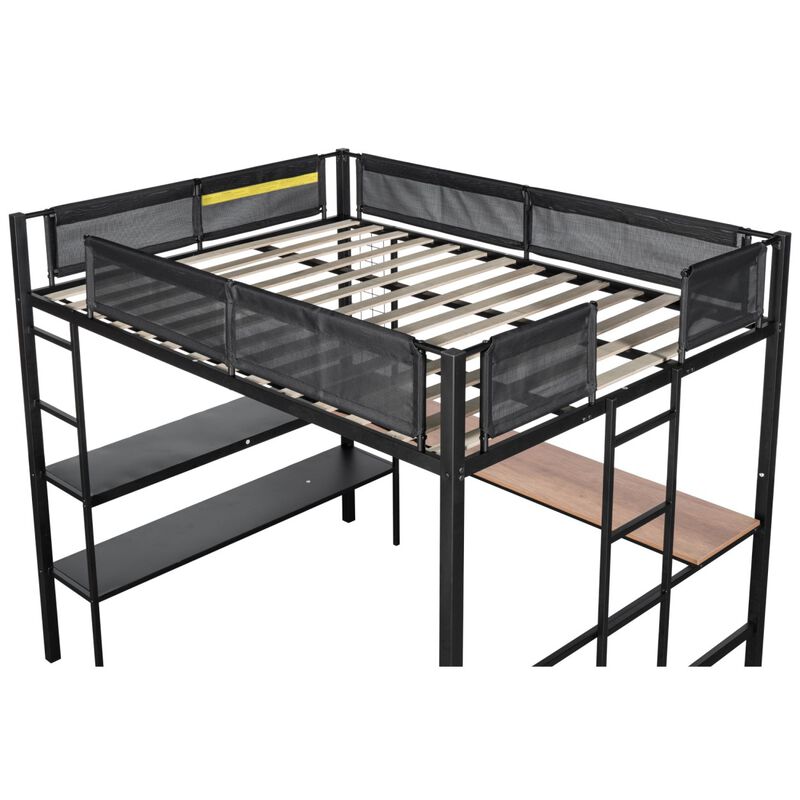 Sturdy Metal Loft Bed with Desk & Shelves