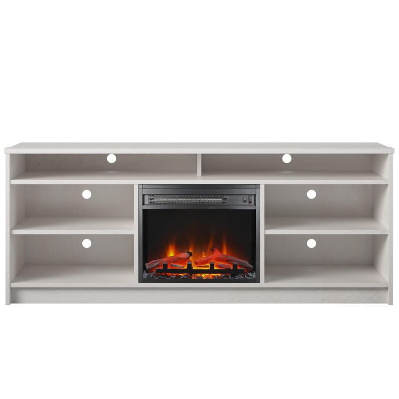 Hendrix 65" TV Stand with Electric Fireplace Insert and 6 Shelves, Ivory Oak