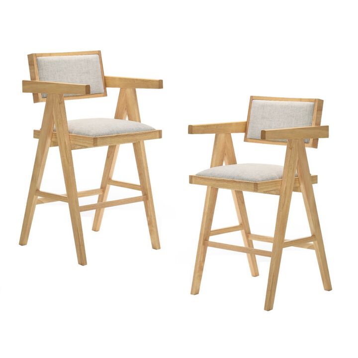 Cid Uno 26 Inch Counter Height Stool, Set of 2, Beige Fabric, Set of 2-Benzara