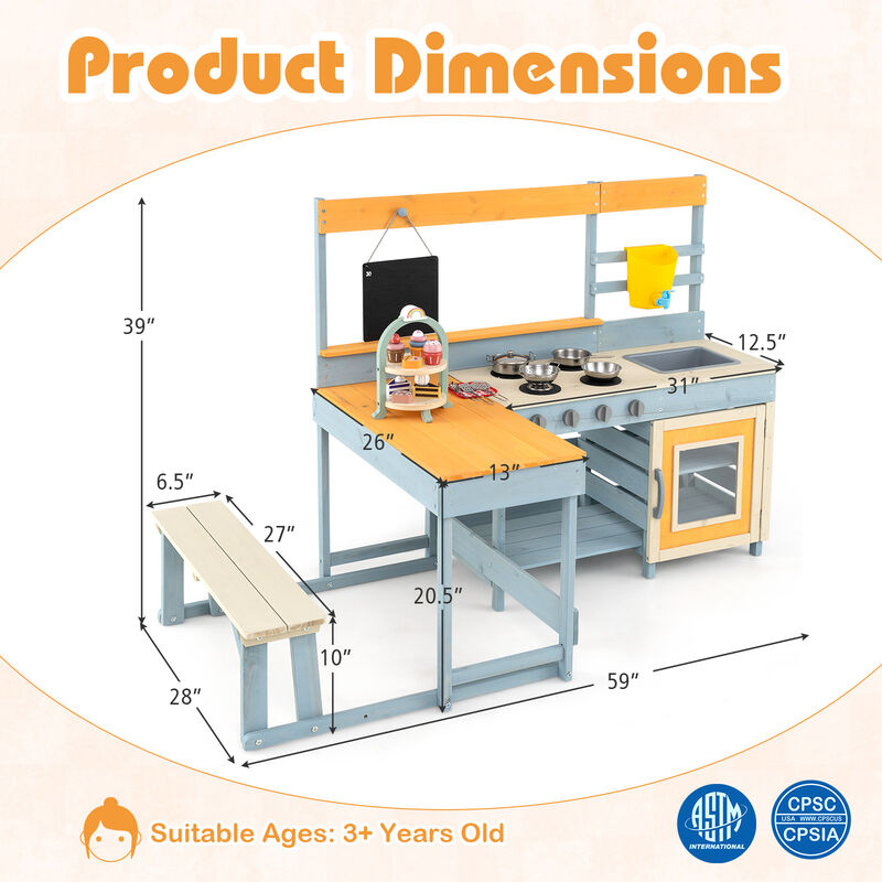 Fir Wood Play Kitchen with Kids Picnic Table and Built-in Bench
