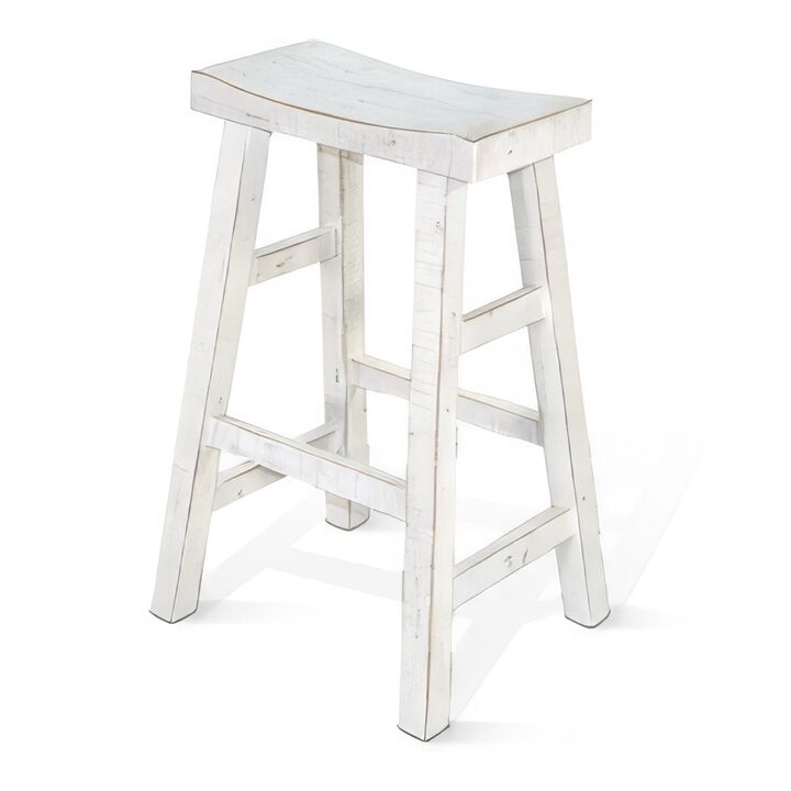 Rena Bar Stool Set of 2, Saddle Style Seat, White Sand Mahogany Wood - Benzara