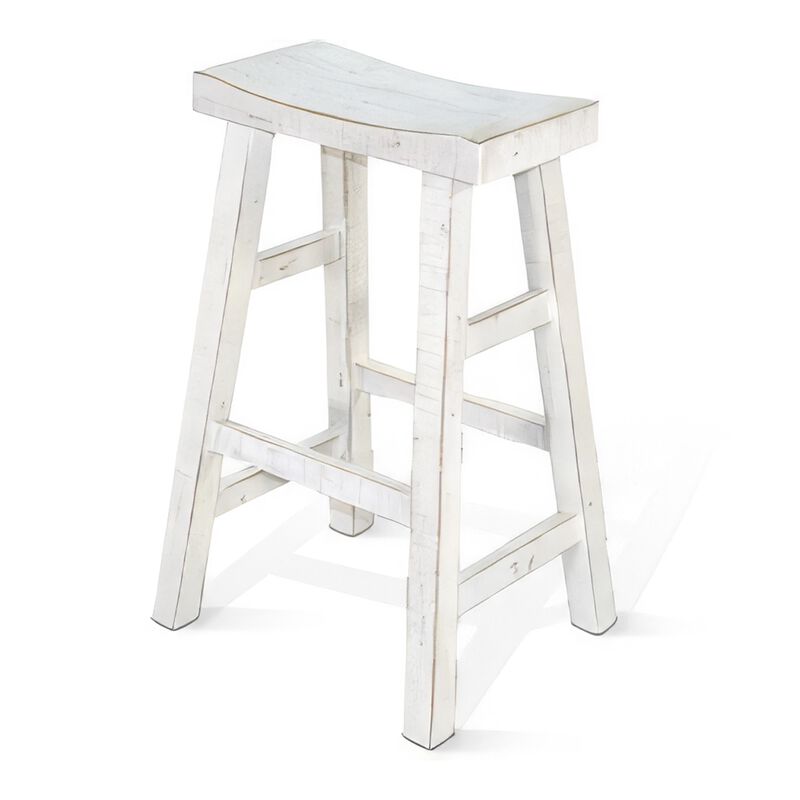 Rena Bar Stool Set of 2, Saddle Style Seat, White Sand Mahogany Wood - Benzara