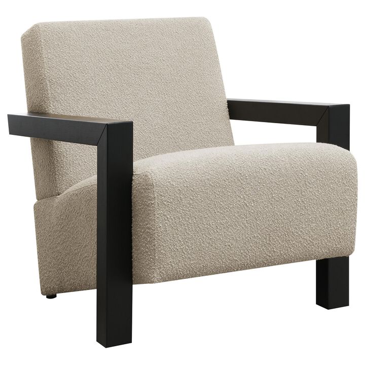 Fitz Accent Chair, Soft Latte Beige Boucle Cushions, Black Wood Arms - Benzara
