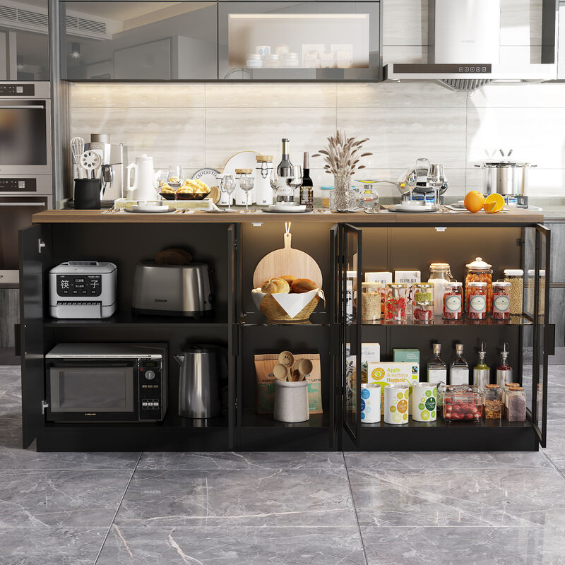 FUFU&GAGA Black Mdf Base with Mdf Top Kitchen Island (36.6-in x 77.6-in x 30.3-in),Black