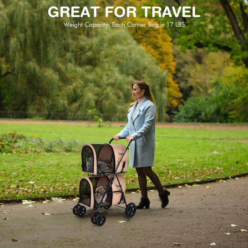 Costway 4-in-1 Double Pet Stroller w/ Detachable Carrier Travel Carriage for Cats Blue