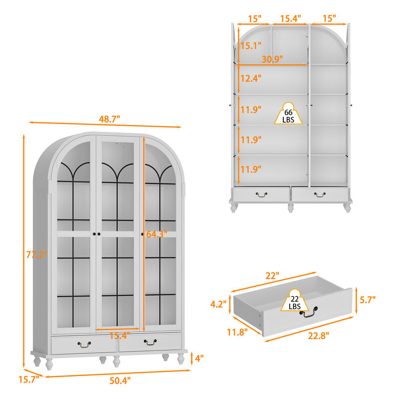 FUFU&GAGA Modern White Bookcase with Glass Doors, 2 Drawers & 8 Shelves, Elegant Storage for Living Room, Bedroom, or Office (77.2"H x 50.4"W x 15.7"D), White