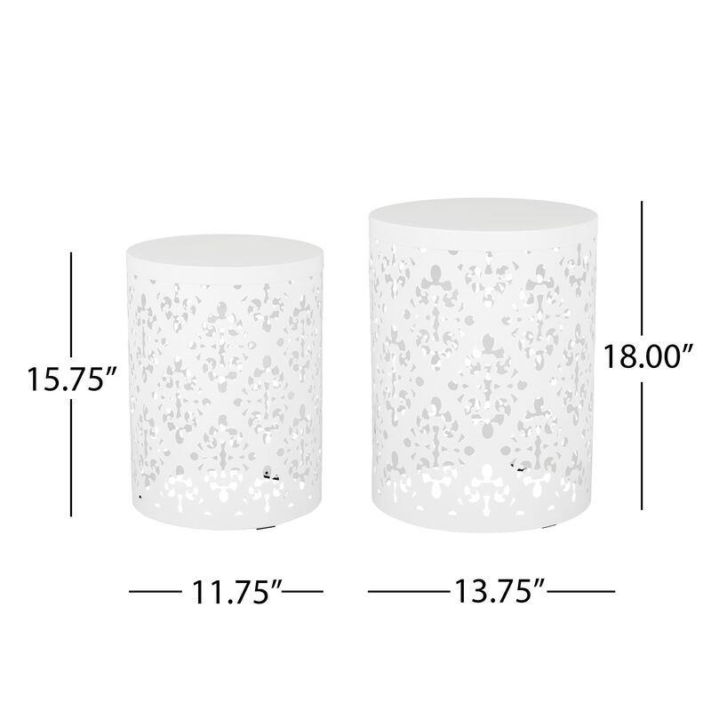 Kemo Outdoor End Table Set of 2, Round Top, Cutout Design, White Iron - Benzara