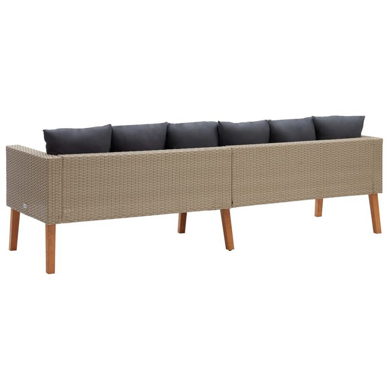 Outdoor 3 Seater Patio Sofa, 86 Inch Beige Poly Rattan, Gray Cushions - Benzara